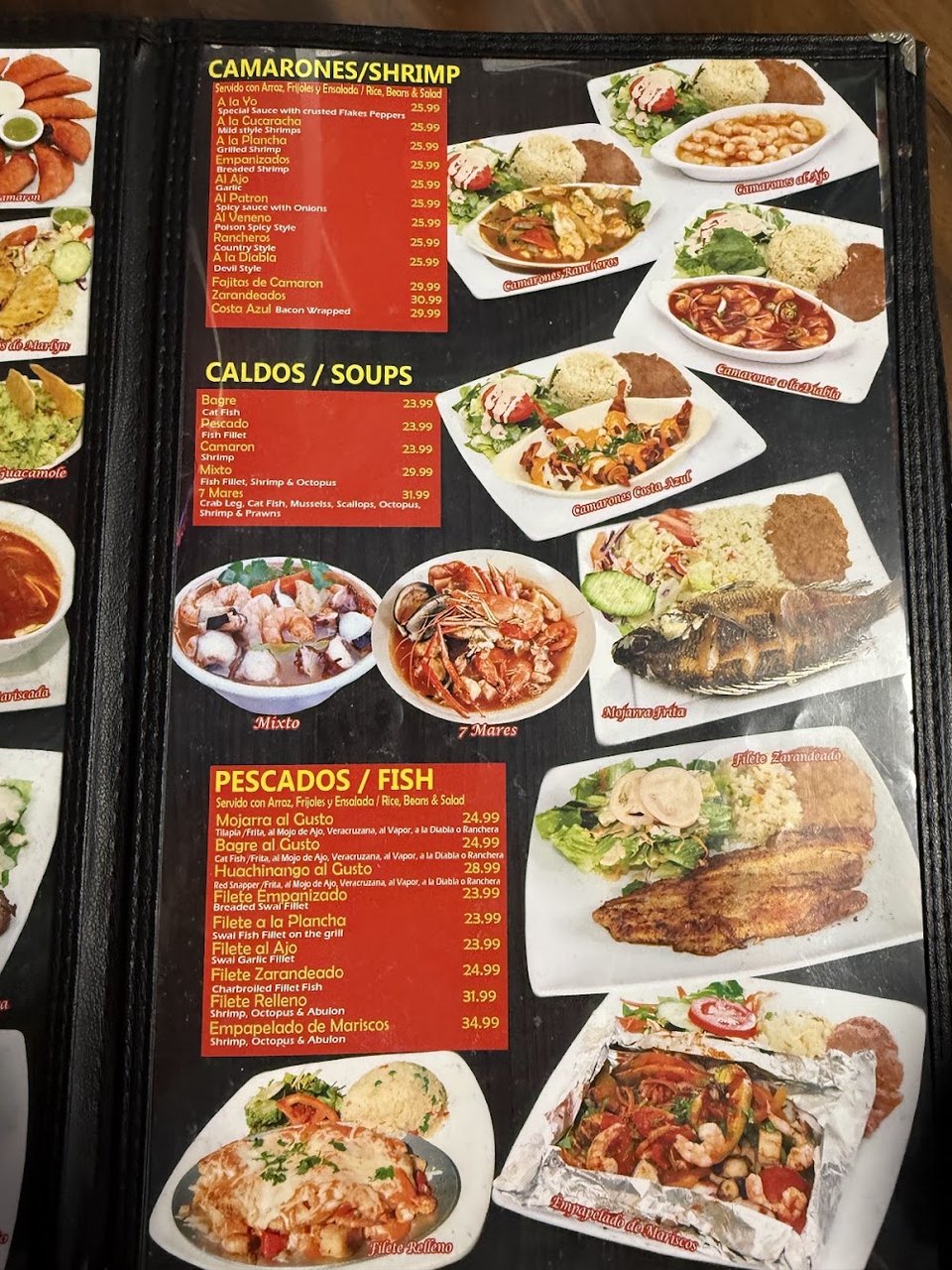 Seafood selections listed in neat columns.