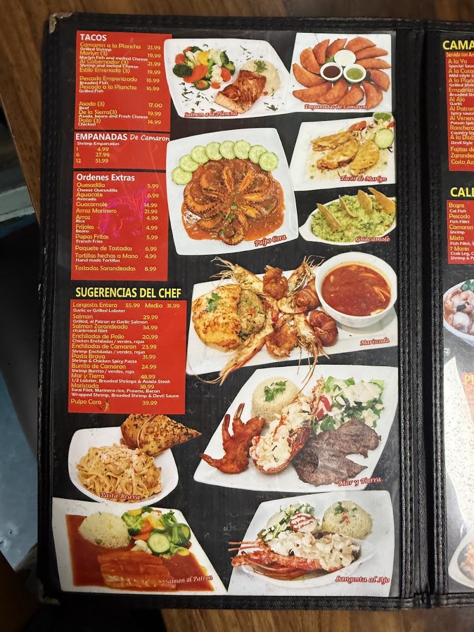 Menu page showing soups and chef specials.